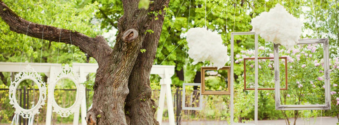 décor photobooth extérieur arbre cadres suspendus